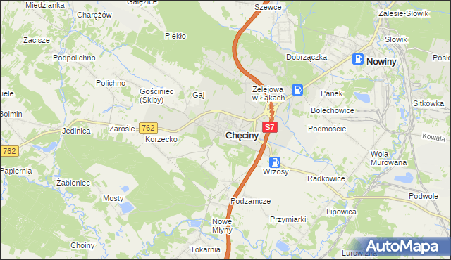 mapa Chęciny powiat kielecki, Chęciny powiat kielecki na mapie Targeo