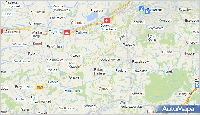 mapa Gołuchowice gmina Skawina, Gołuchowice gmina Skawina na mapie Targeo