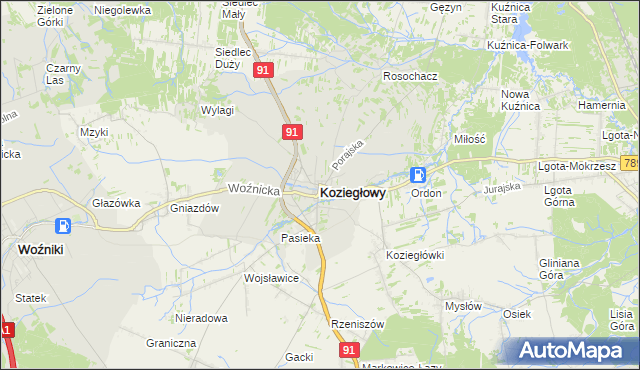 mapa Koziegłowy powiat myszkowski, Koziegłowy powiat myszkowski na mapie Targeo