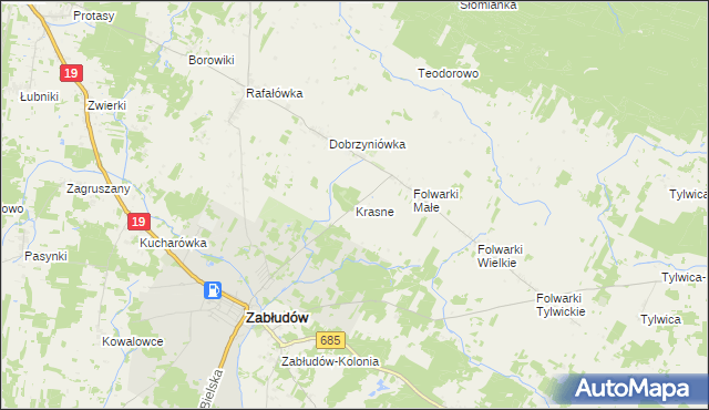 mapa Krasne gmina Zabłudów, Krasne gmina Zabłudów na mapie Targeo