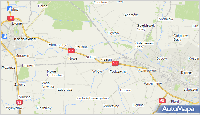 mapa Krzesin gmina Kutno, Krzesin gmina Kutno na mapie Targeo