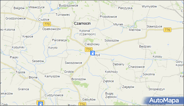 mapa Krzyż gmina Czarnocin, Krzyż gmina Czarnocin na mapie Targeo
