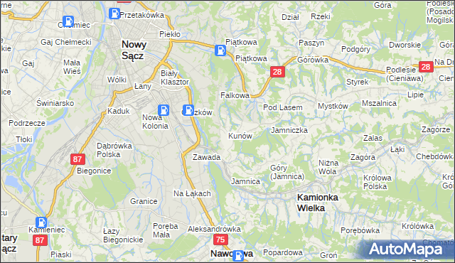 mapa Kunów gmina Chełmiec, Kunów gmina Chełmiec na mapie Targeo