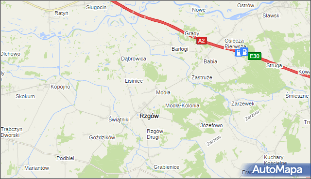 mapa Modła gmina Rzgów, Modła gmina Rzgów na mapie Targeo