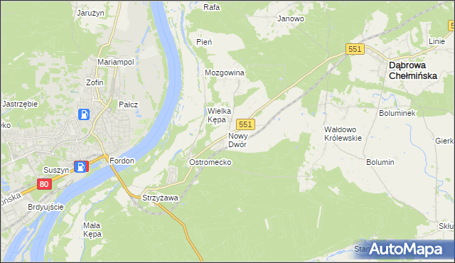 mapa Nowy Dwór gmina Dąbrowa Chełmińska, Nowy Dwór gmina Dąbrowa Chełmińska na mapie Targeo