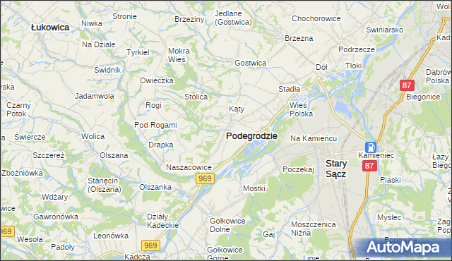 mapa Podegrodzie powiat nowosądecki, Podegrodzie powiat nowosądecki na mapie Targeo
