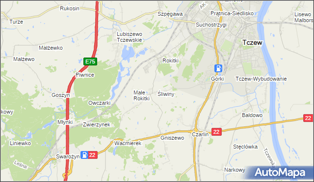 mapa Śliwiny gmina Tczew, Śliwiny gmina Tczew na mapie Targeo