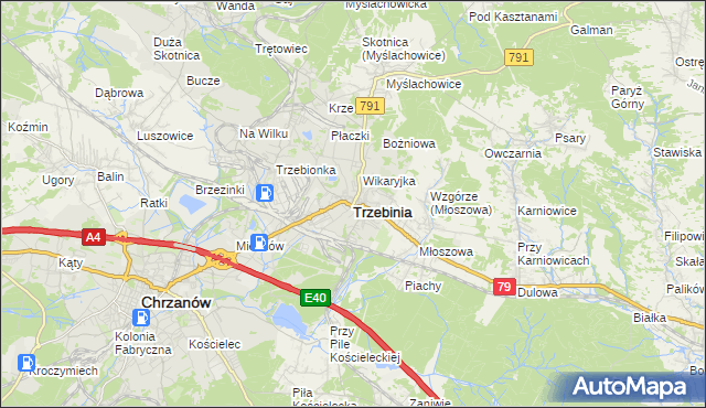 mapa Trzebinia powiat chrzanowski, Trzebinia powiat chrzanowski na mapie Targeo