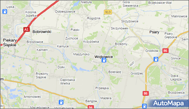 mapa Wojkowice powiat będziński, Wojkowice powiat będziński na mapie Targeo