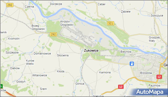 mapa Żukowice powiat głogowski, Żukowice powiat głogowski na mapie Targeo