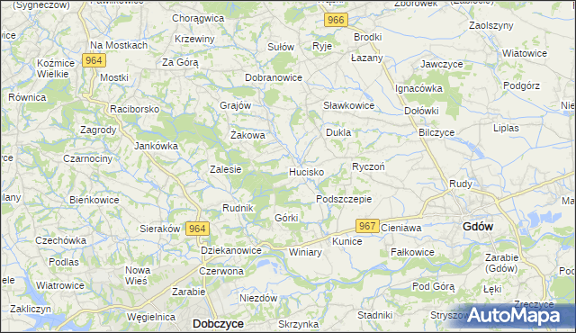mapa Hucisko gmina Gdów, Hucisko gmina Gdów na mapie Targeo