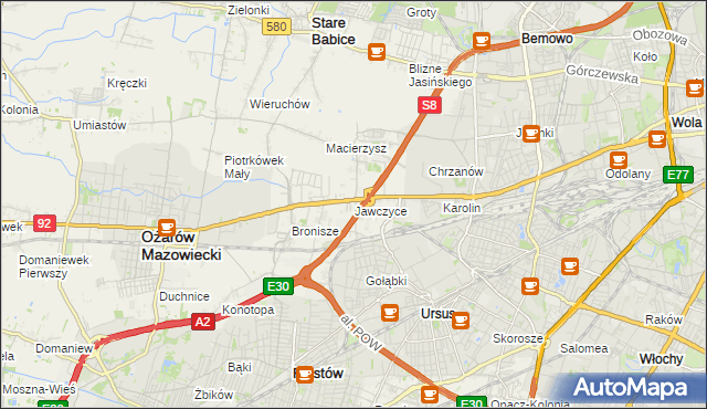 mapa Jawczyce gmina Ożarów Mazowiecki, Jawczyce gmina Ożarów Mazowiecki na mapie Targeo