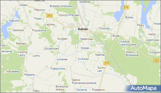 mapa Olszak gmina Babiak, Olszak gmina Babiak na mapie Targeo