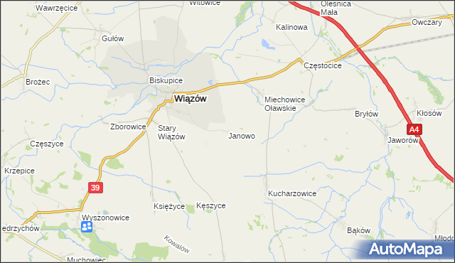 mapa Janowo gmina Wiązów, Janowo gmina Wiązów na mapie Targeo