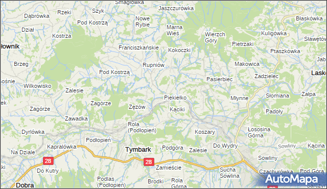 mapa Piekiełko gmina Tymbark, Piekiełko gmina Tymbark na mapie Targeo