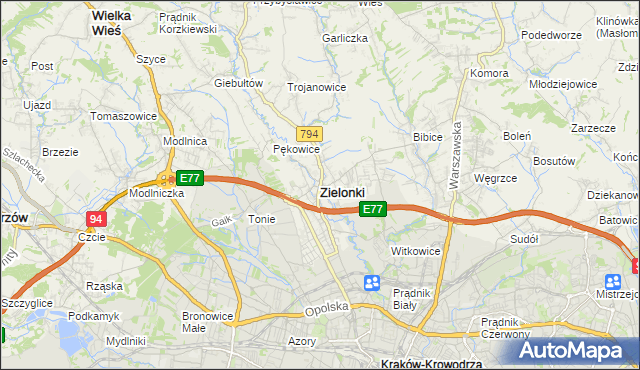 mapa Zielonki powiat krakowski, Zielonki powiat krakowski na mapie Targeo