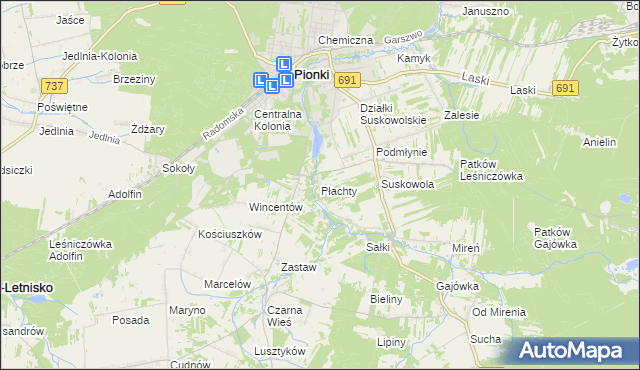 mapa Płachty gmina Pionki, Płachty gmina Pionki na mapie Targeo