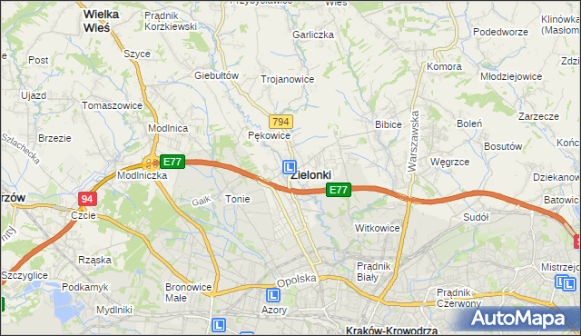mapa Zielonki powiat krakowski, Zielonki powiat krakowski na mapie Targeo