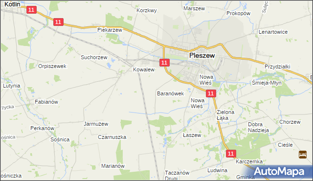 mapa Baranówek gmina Pleszew, Baranówek gmina Pleszew na mapie Targeo