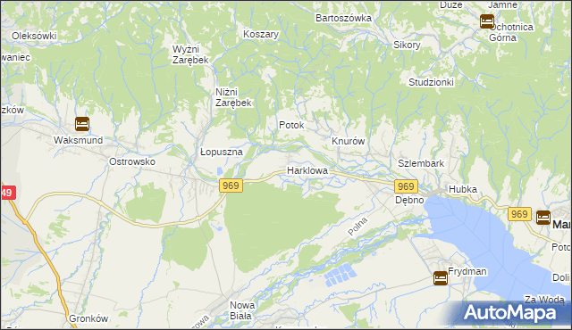 mapa Harklowa gmina Nowy Targ, Harklowa gmina Nowy Targ na mapie Targeo