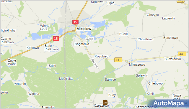 mapa Kozubiec gmina Miłosław, Kozubiec gmina Miłosław na mapie Targeo