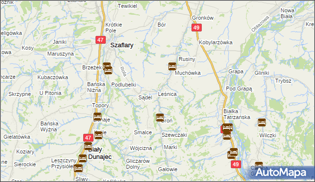 mapa Leśnica gmina Bukowina Tatrzańska, Leśnica gmina Bukowina Tatrzańska na mapie Targeo