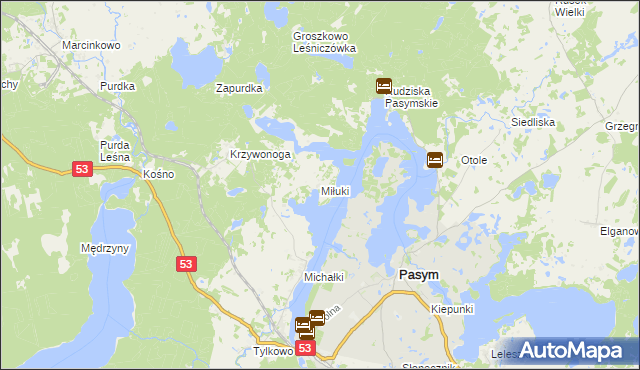mapa Miłuki gmina Pasym, Miłuki gmina Pasym na mapie Targeo