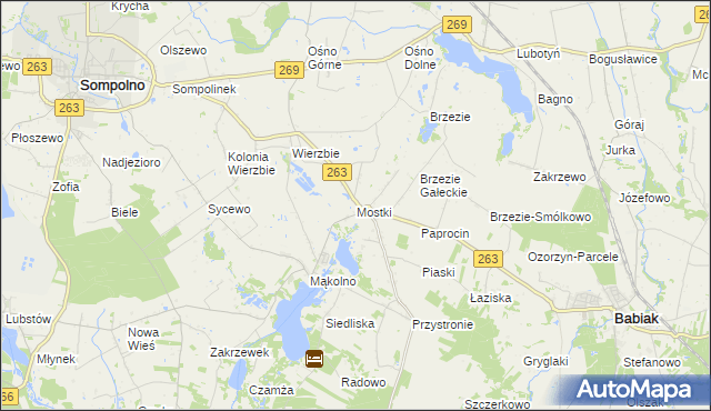mapa Mostki gmina Sompolno, Mostki gmina Sompolno na mapie Targeo