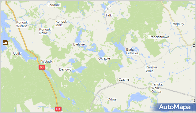mapa Okrągłe gmina Wydminy, Okrągłe gmina Wydminy na mapie Targeo