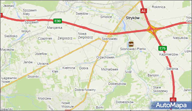 mapa Orzechówek gmina Stryków, Orzechówek gmina Stryków na mapie Targeo