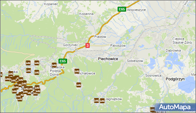 mapa Piechowice powiat jeleniogórski, Piechowice powiat jeleniogórski na mapie Targeo