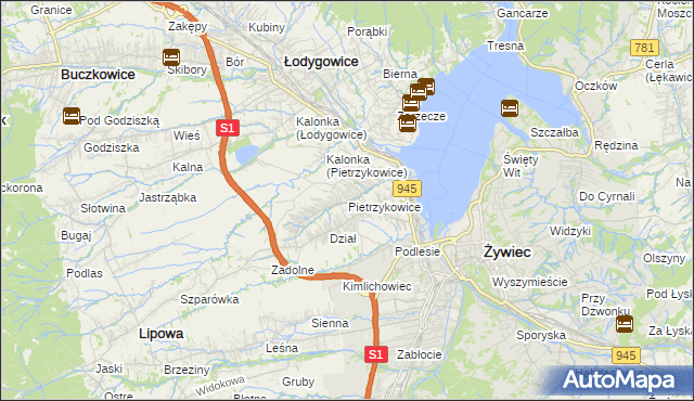 mapa Pietrzykowice gmina Łodygowice, Pietrzykowice gmina Łodygowice na mapie Targeo