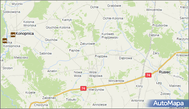 mapa Prądzew gmina Rusiec, Prądzew gmina Rusiec na mapie Targeo