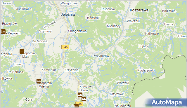 mapa Przyborów gmina Jeleśnia, Przyborów gmina Jeleśnia na mapie Targeo