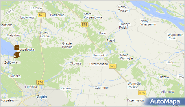 mapa Rumunki gmina Gąbin, Rumunki gmina Gąbin na mapie Targeo