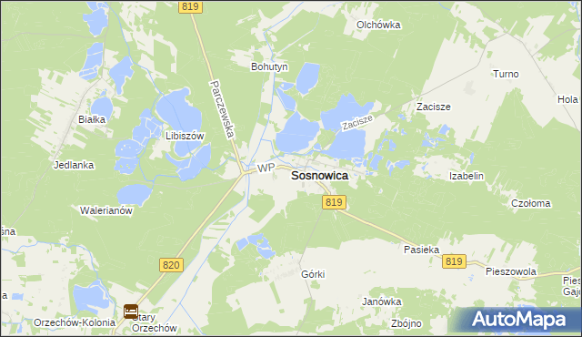 mapa Sosnowica powiat parczewski, Sosnowica powiat parczewski na mapie Targeo