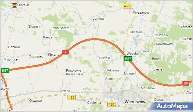 mapa Teklinów gmina Wieruszów, Teklinów gmina Wieruszów na mapie Targeo