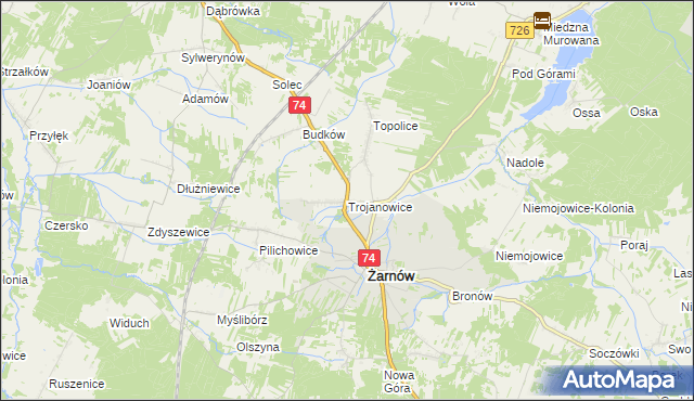 mapa Trojanowice gmina Żarnów, Trojanowice gmina Żarnów na mapie Targeo
