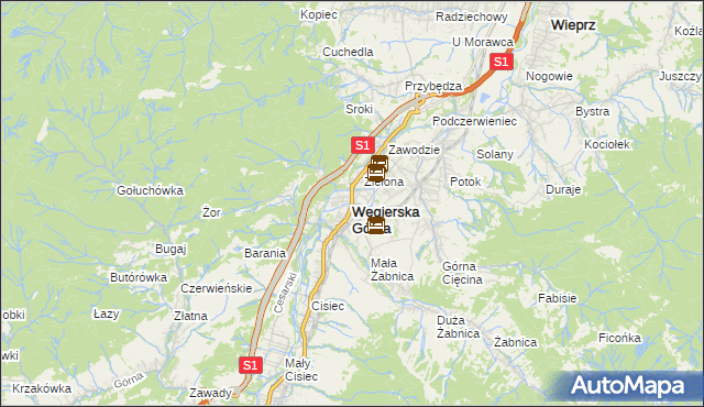 mapa Węgierska Górka, Węgierska Górka na mapie Targeo
