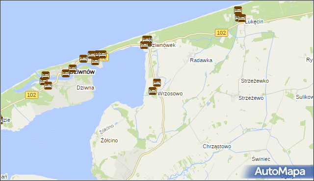 mapa Wrzosowo gmina Kamień Pomorski, Wrzosowo gmina Kamień Pomorski na mapie Targeo
