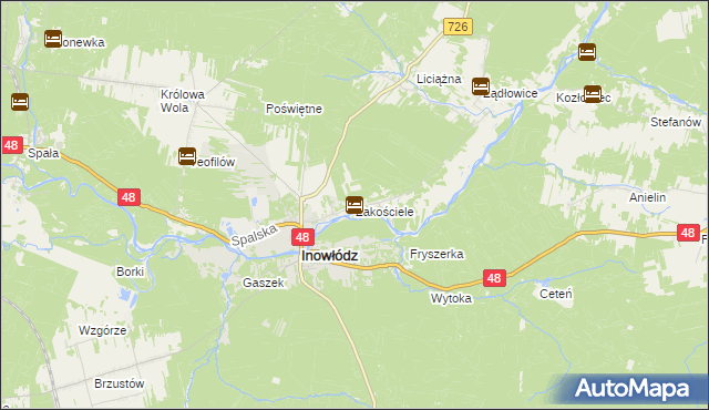 mapa Zakościele gmina Inowłódz, Zakościele gmina Inowłódz na mapie Targeo