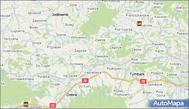 mapa Zawadka gmina Tymbark, Zawadka gmina Tymbark na mapie Targeo