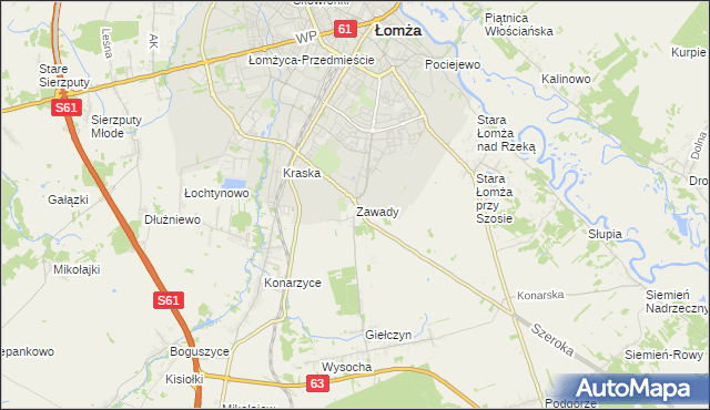 mapa Zawady gmina Łomża, Zawady gmina Łomża na mapie Targeo
