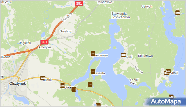 mapa Zielonowo gmina Stawiguda, Zielonowo gmina Stawiguda na mapie Targeo