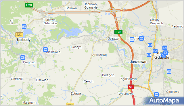 mapa Arciszewo gmina Pruszcz Gdański, Arciszewo gmina Pruszcz Gdański na mapie Targeo