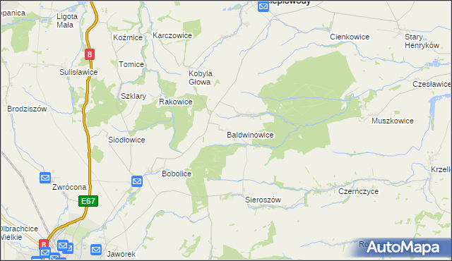 mapa Baldwinowice gmina Ciepłowody, Baldwinowice gmina Ciepłowody na mapie Targeo