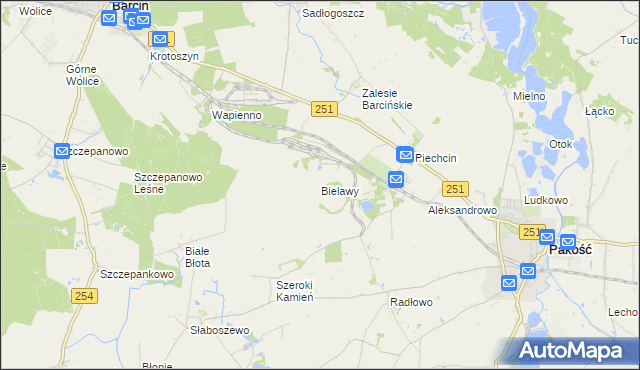 mapa Bielawy gmina Barcin, Bielawy gmina Barcin na mapie Targeo