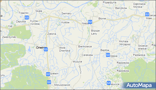 mapa Bieńkowice gmina Drwinia, Bieńkowice gmina Drwinia na mapie Targeo