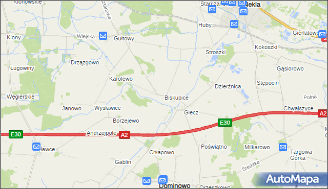 mapa Biskupice gmina Dominowo, Biskupice gmina Dominowo na mapie Targeo