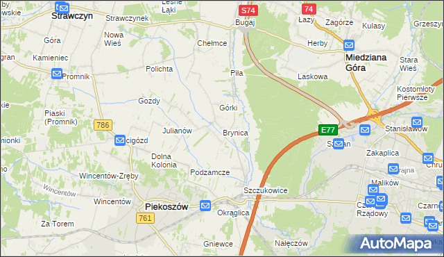 mapa Brynica gmina Piekoszów, Brynica gmina Piekoszów na mapie Targeo